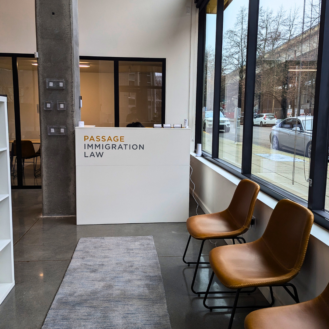 A view of the reception area at Passage Immigration Law's new office right across from USCIS.